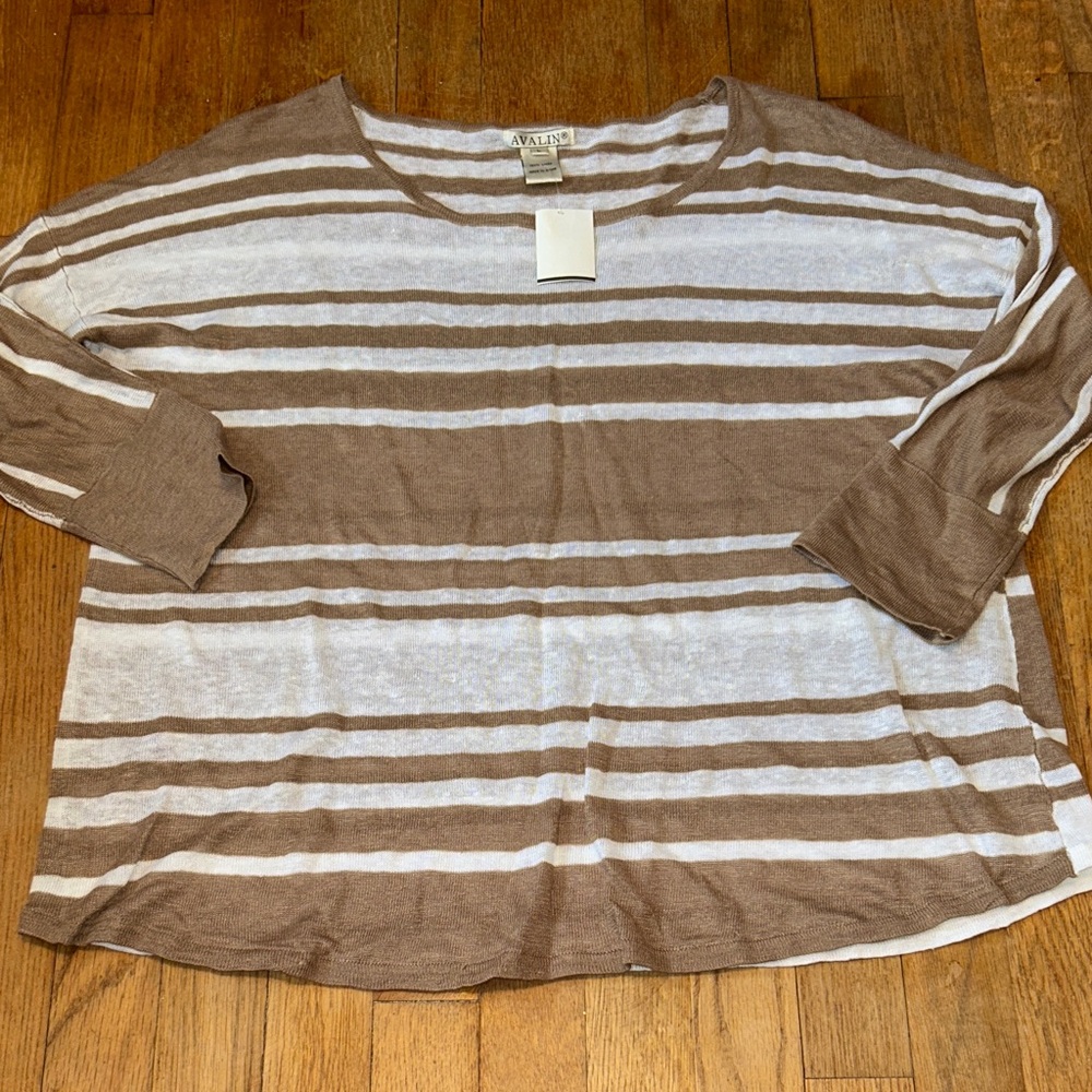 Avalin Women's 100% Linen Casual‎ Striped Blouse - Brown and White Size L